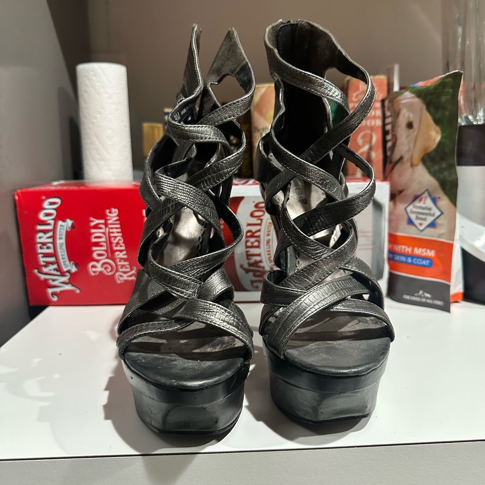 Metallic Silver/Pewter Silver Strappy Platform Heels | Statement Night Out Shoes